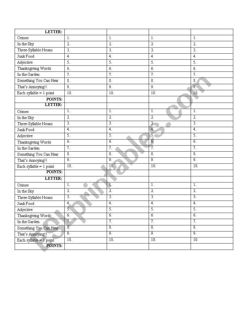 Category List worksheet