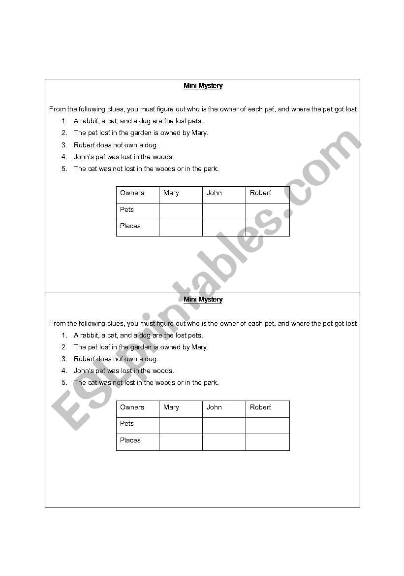 Mini Mystery worksheet