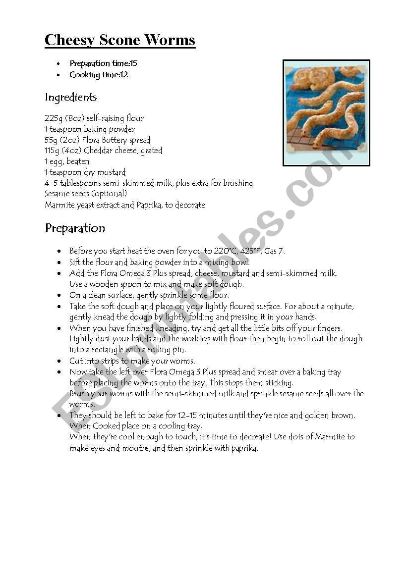Recipe for cheesy baked worms worksheet