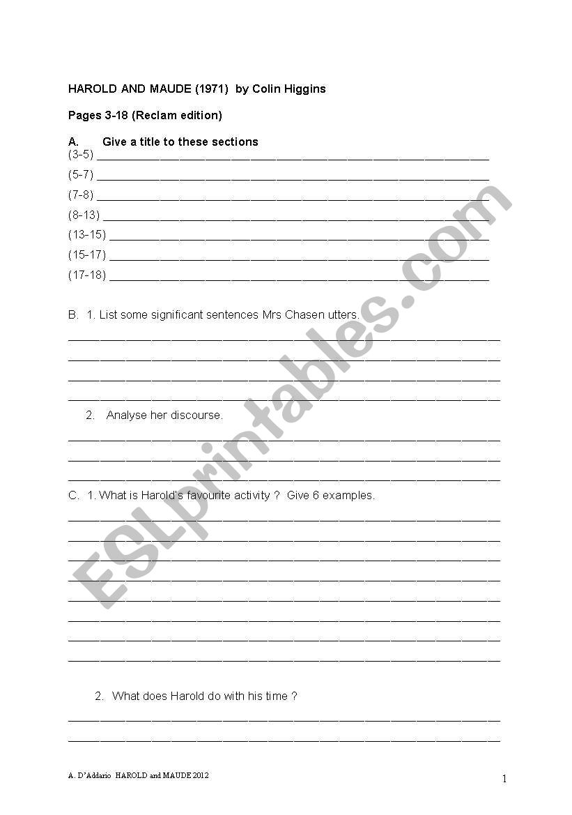 Harold and Maud worksheet pp.3-18 (Reclam edition)