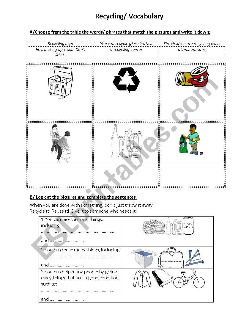 recycling vocabulary activity esl worksheet by nhanha