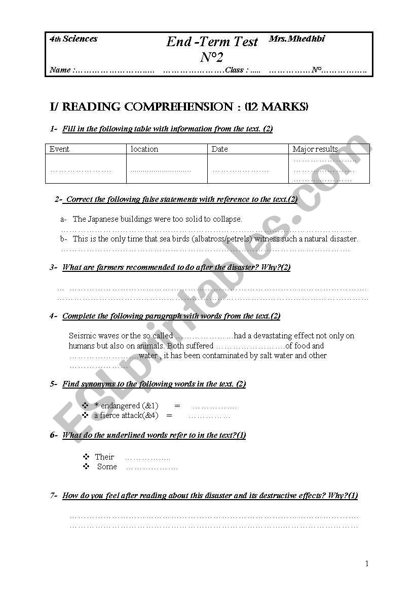 end-term test for 4th formers worksheet