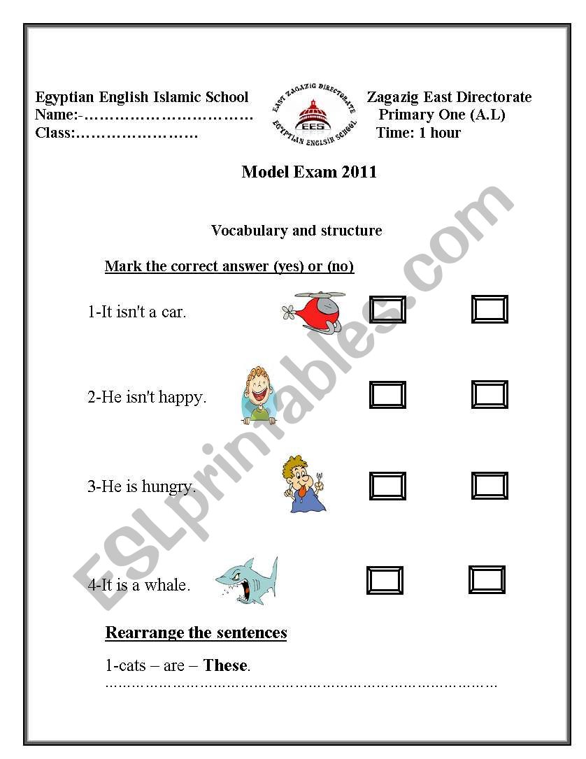 a simple exam for grade one worksheet