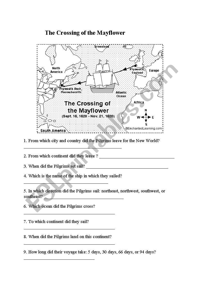 The crossing of the Mayflower worksheet