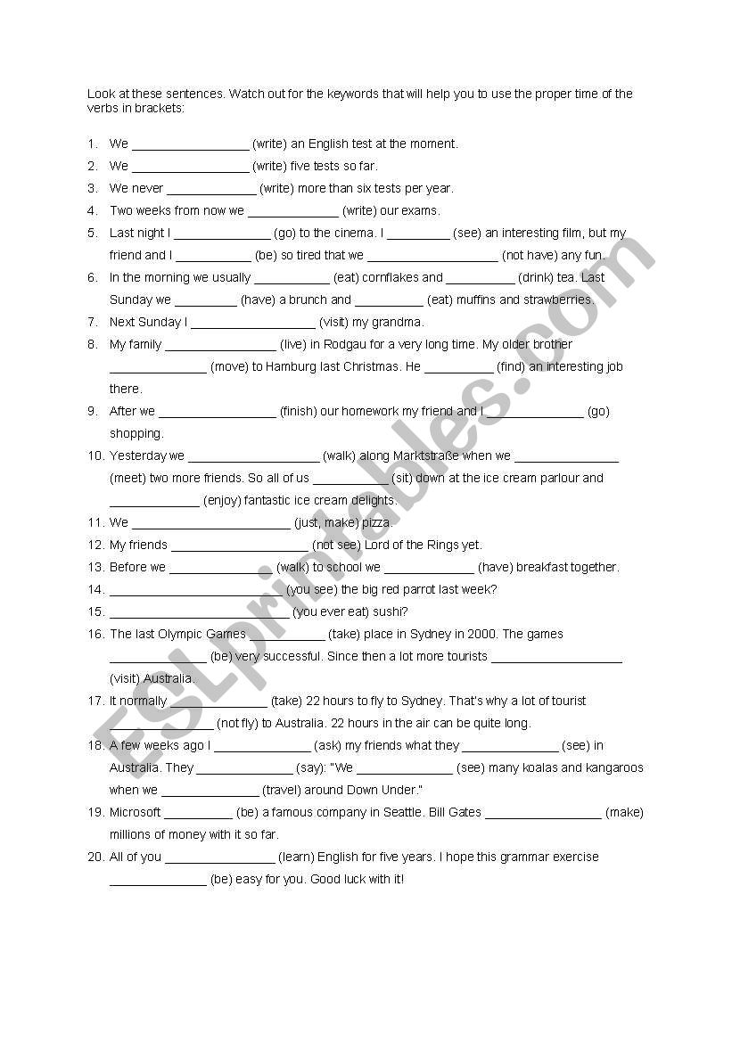 test on tenses worksheet