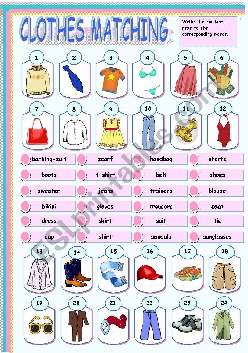 CLOTHES MATCHING EXERCISE - ESL worksheet by roalmeida
