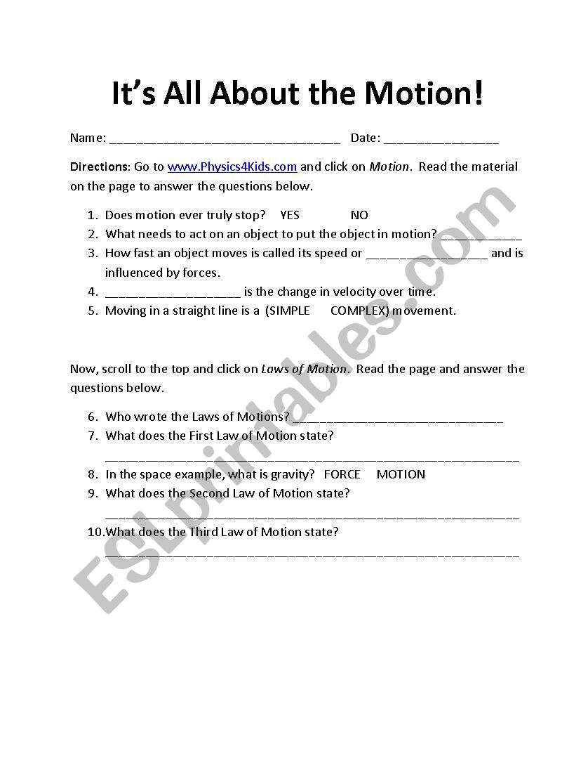 Overview Motion Worksheet Answers