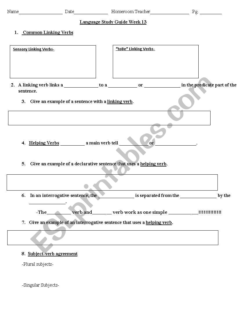 Linking Verb and Helping Verb Study Guide