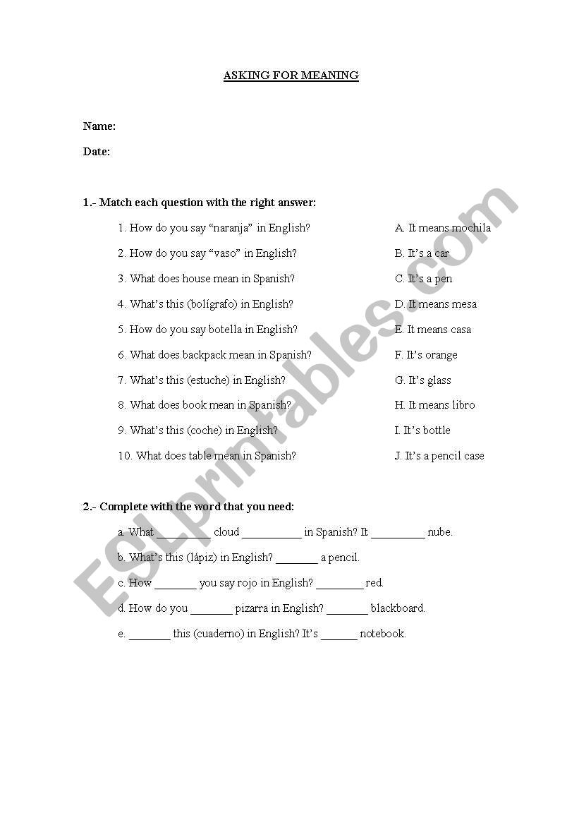 Asking for meaning  worksheet