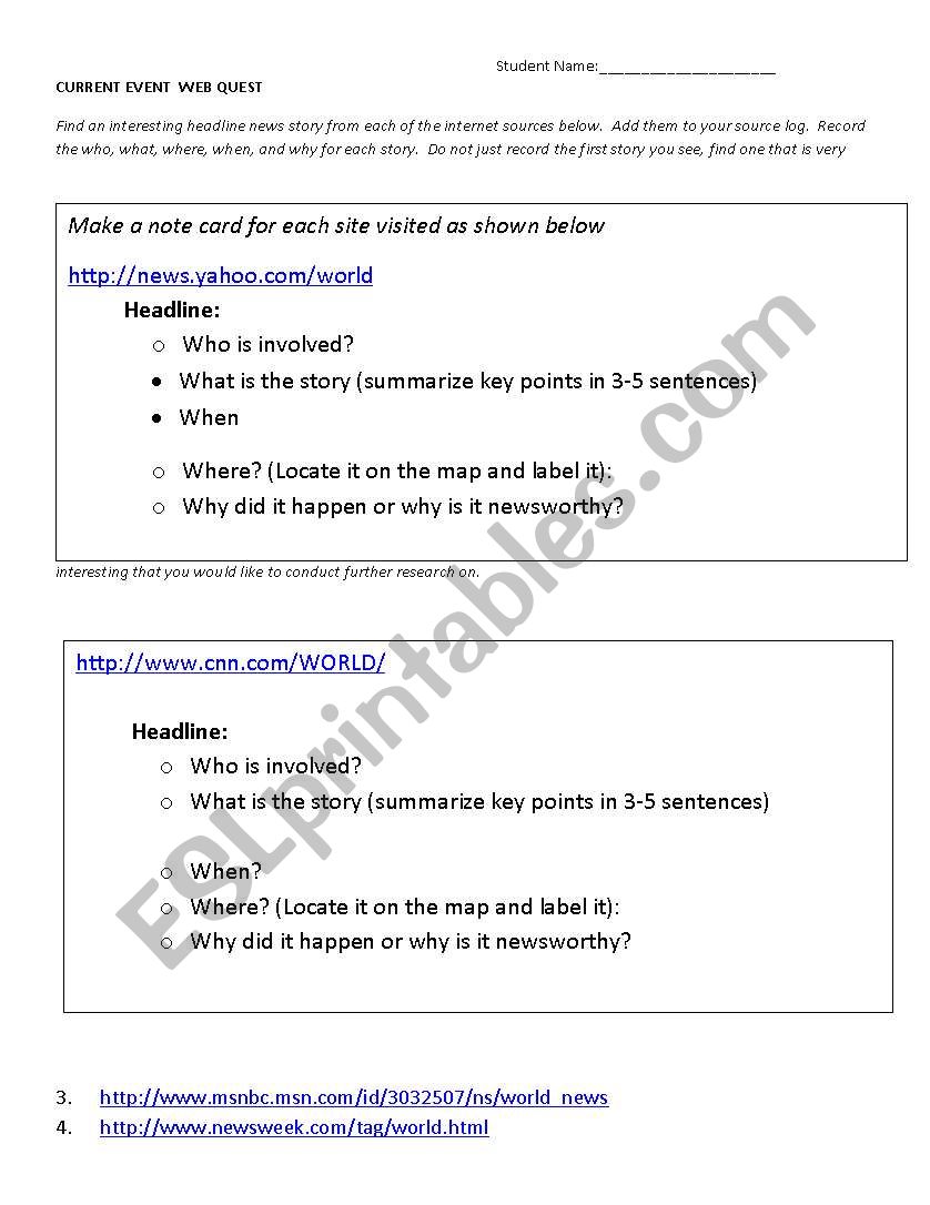 Daily News Webquest worksheet