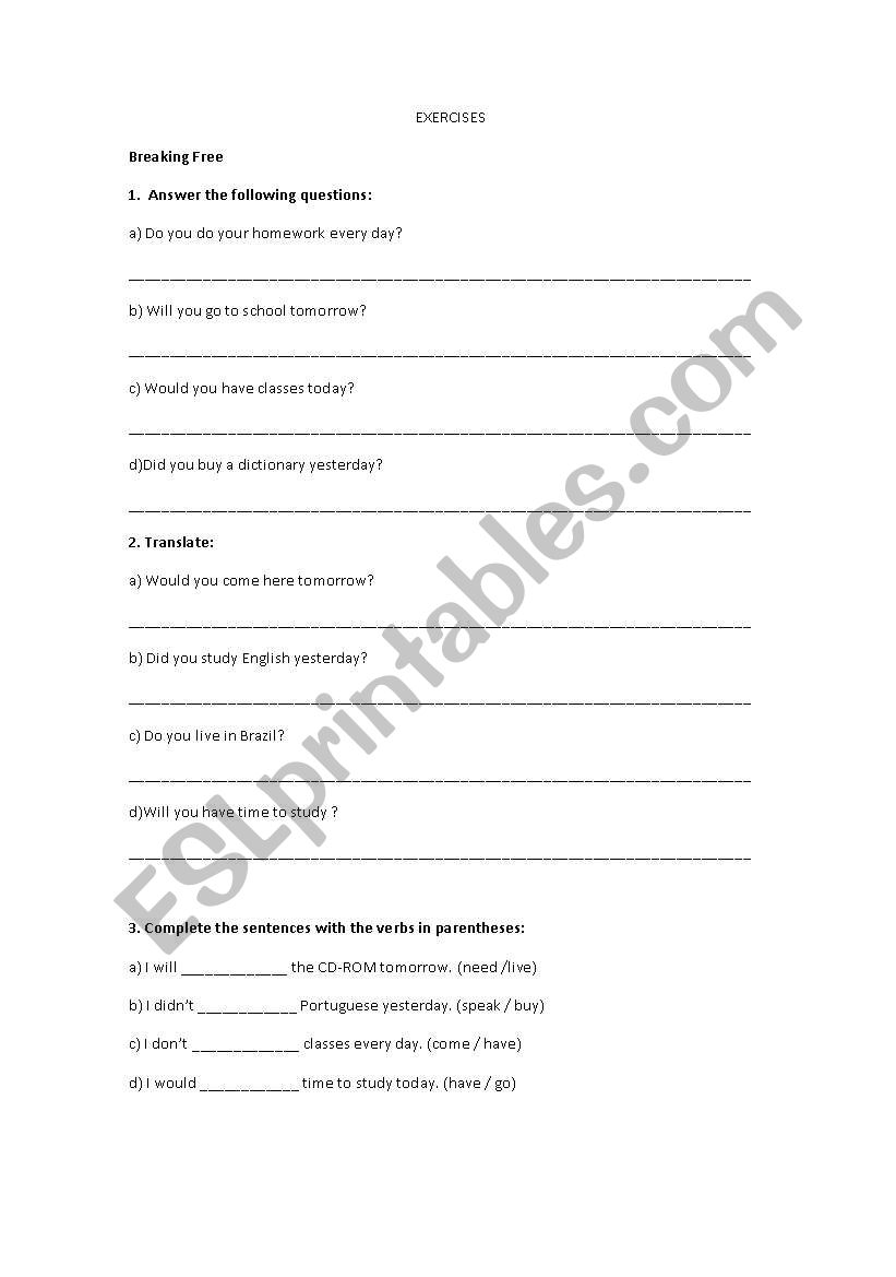 Exercises worksheet