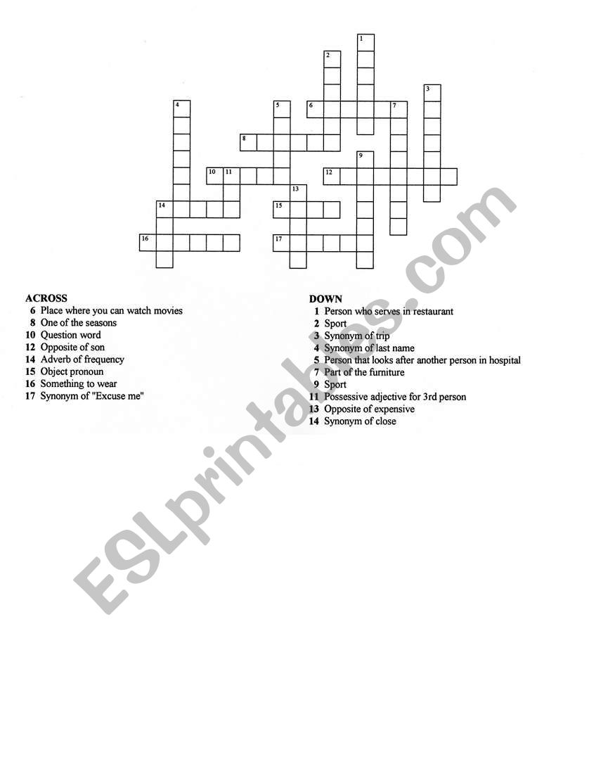 Vocabulary crossword worksheet