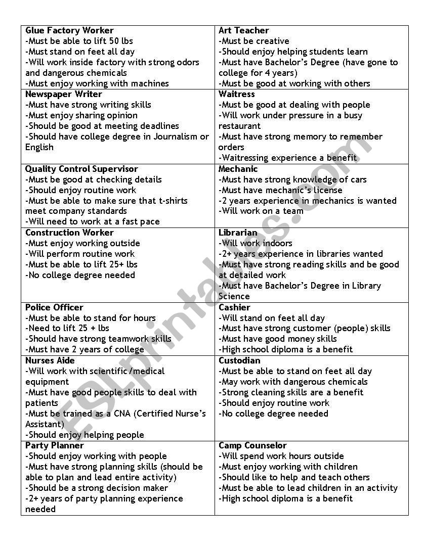 Job Skill Cards worksheet