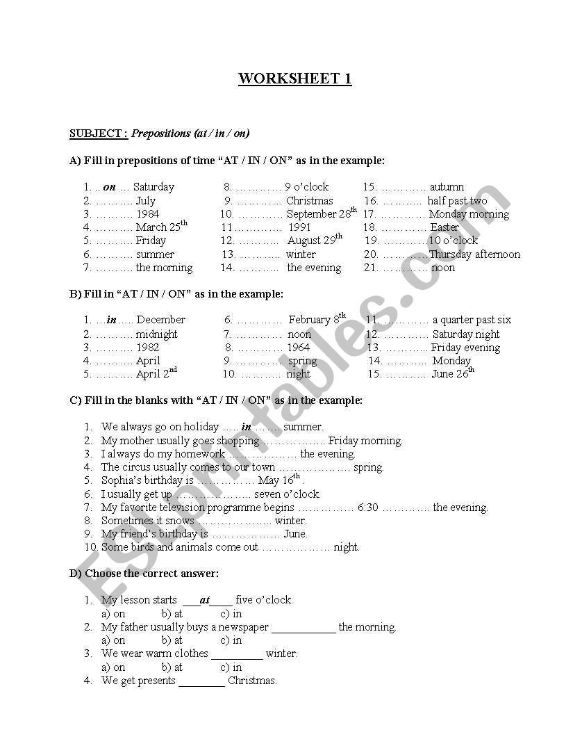 Prepositions worksheet