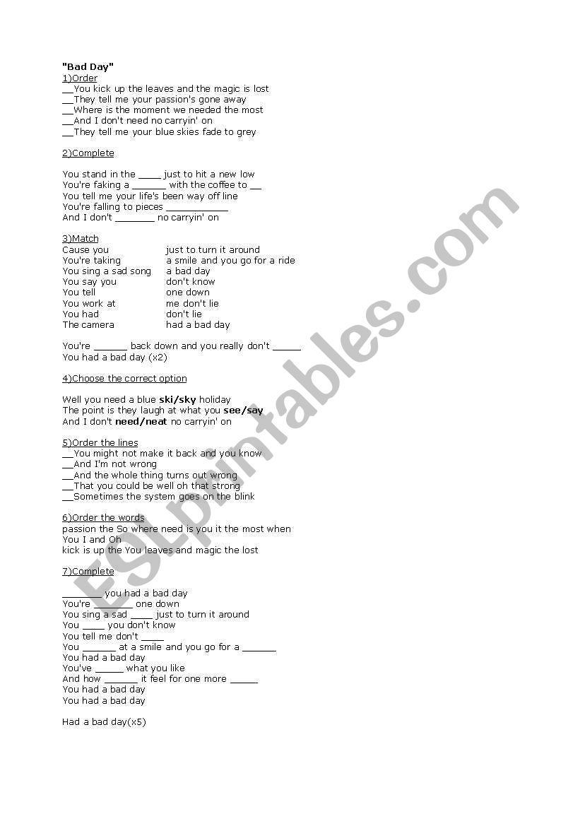 Bad Day song activity worksheet
