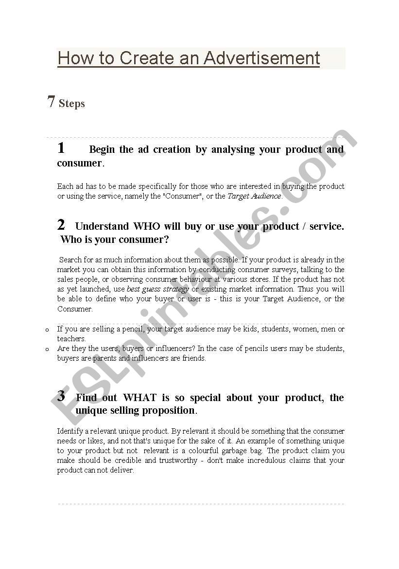 how to create an advertisment worksheet