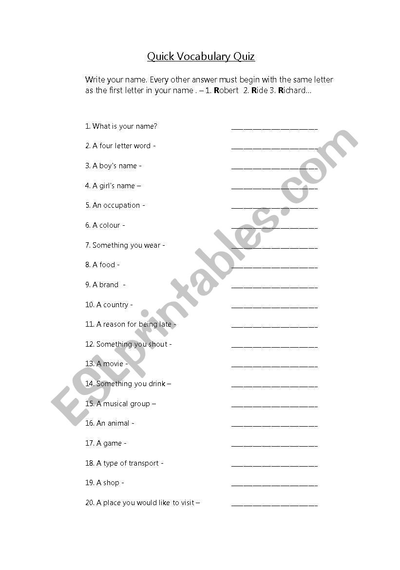 Quick Quiz worksheet