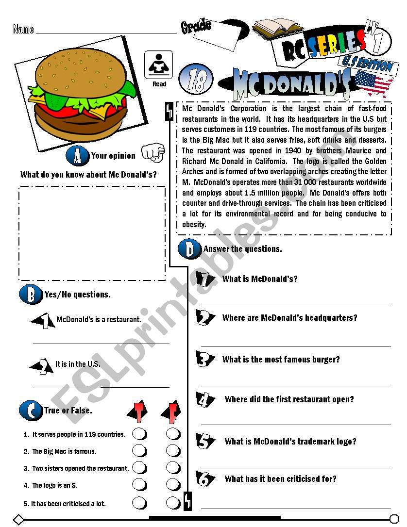 RC Series_U.S Edition_18 McDonald´s (Fully Editable) - ESL worksheet by ...