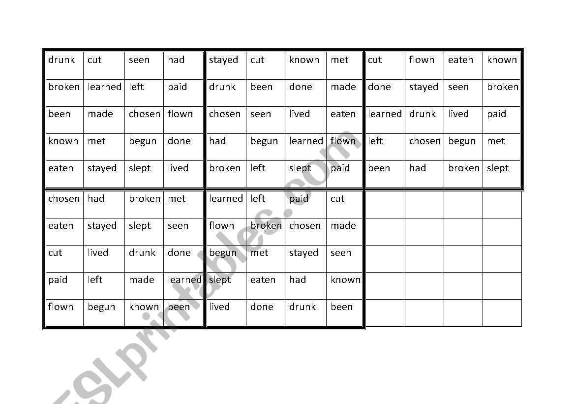 Past Participle Bingo worksheet