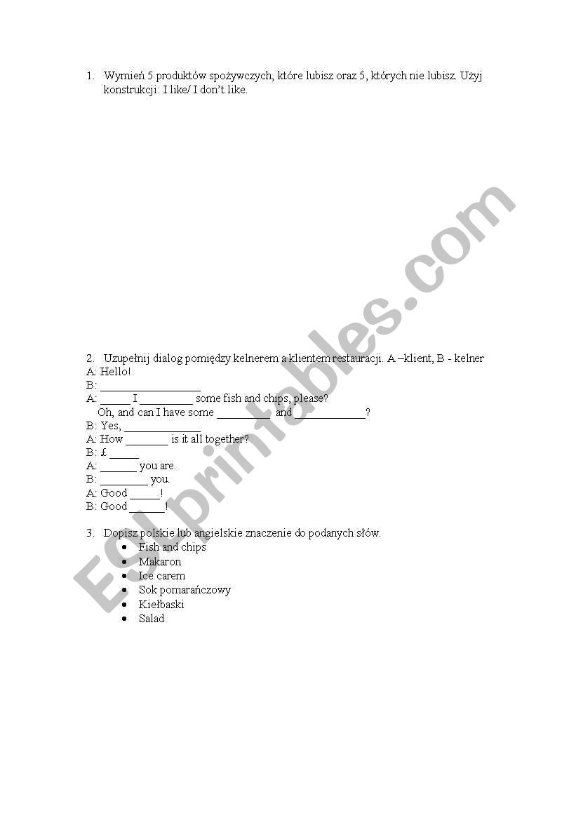 food -test worksheet