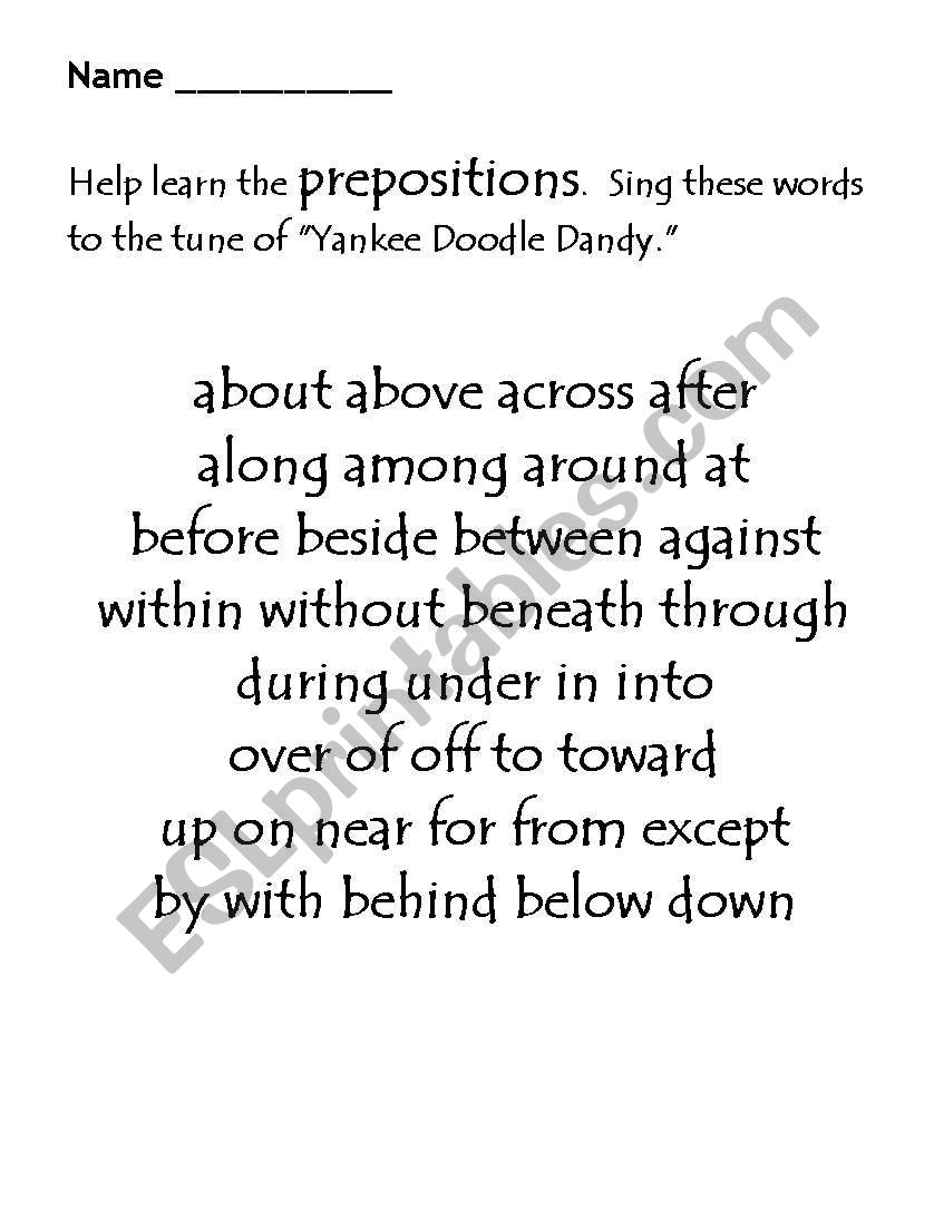 Preposition Song worksheet