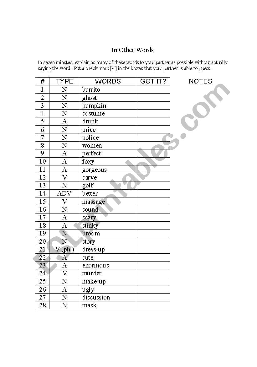 In Other Words ESL Worksheet By Jesspinky