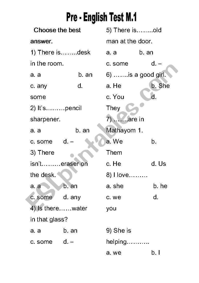 Pre-english test M.1 worksheet
