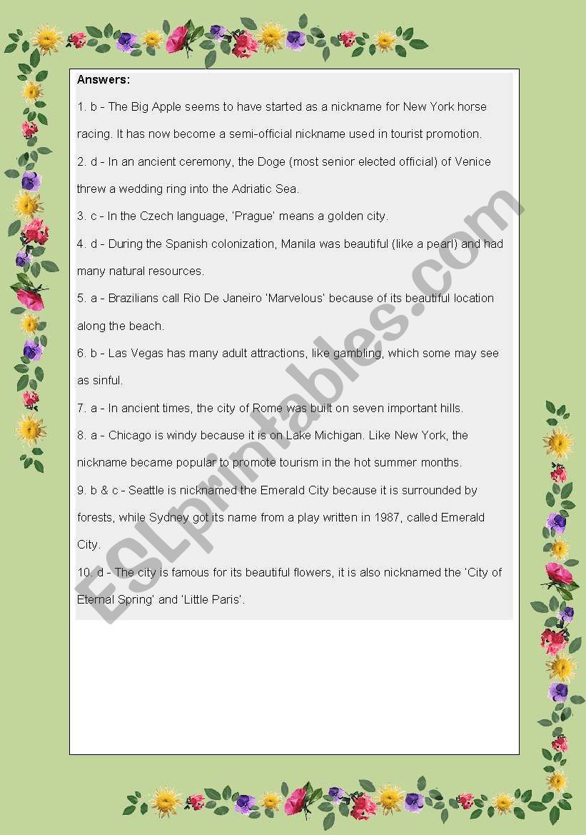 city nickname _ key worksheet