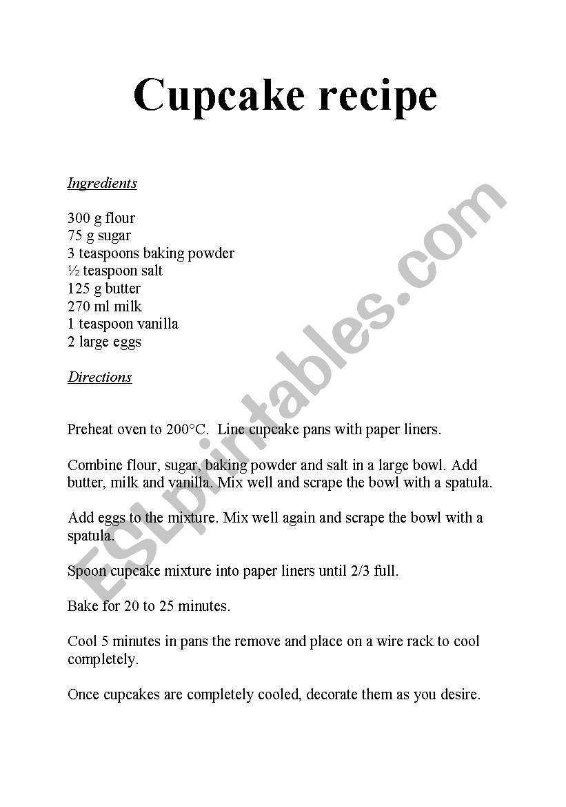 cupcake recipe worksheet