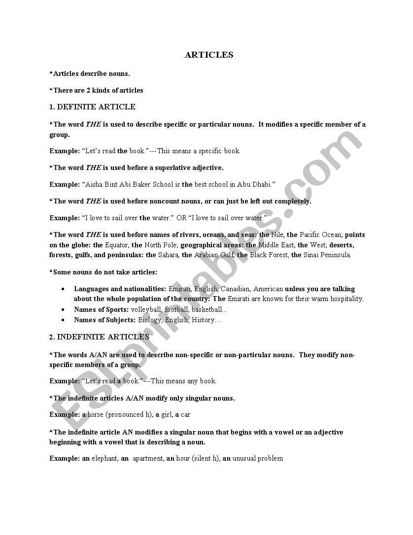 articles worksheet