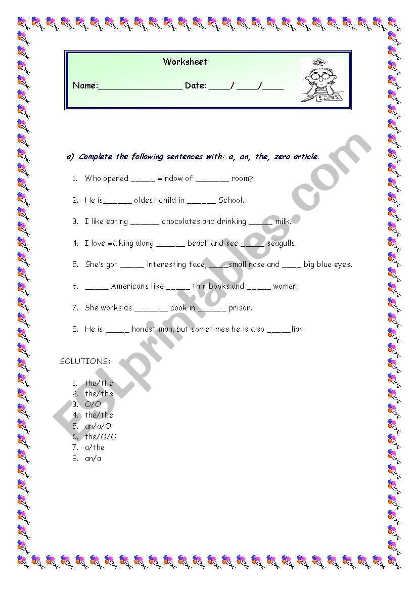 articles worksheet