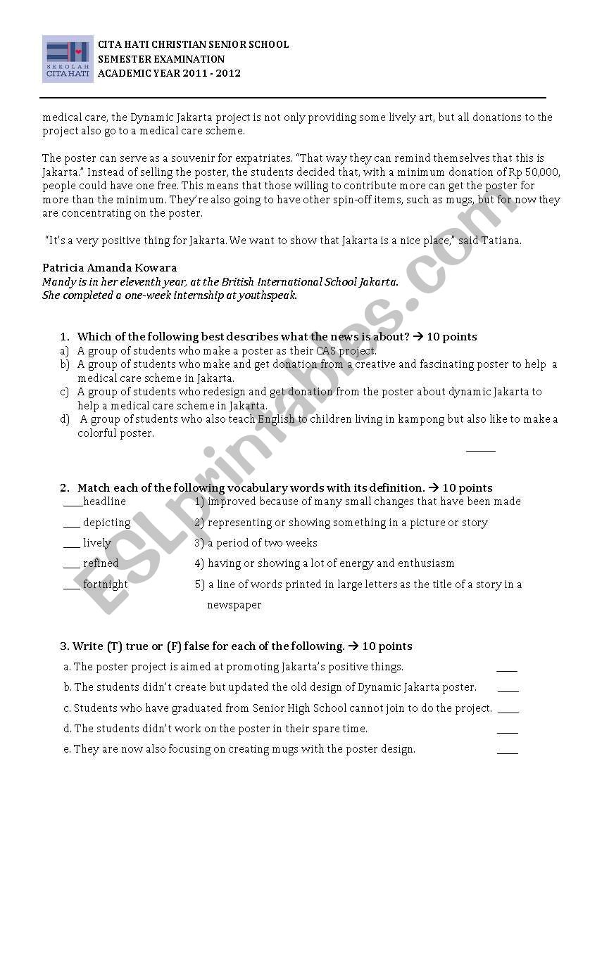 Reading Test for 10th graders Part 2