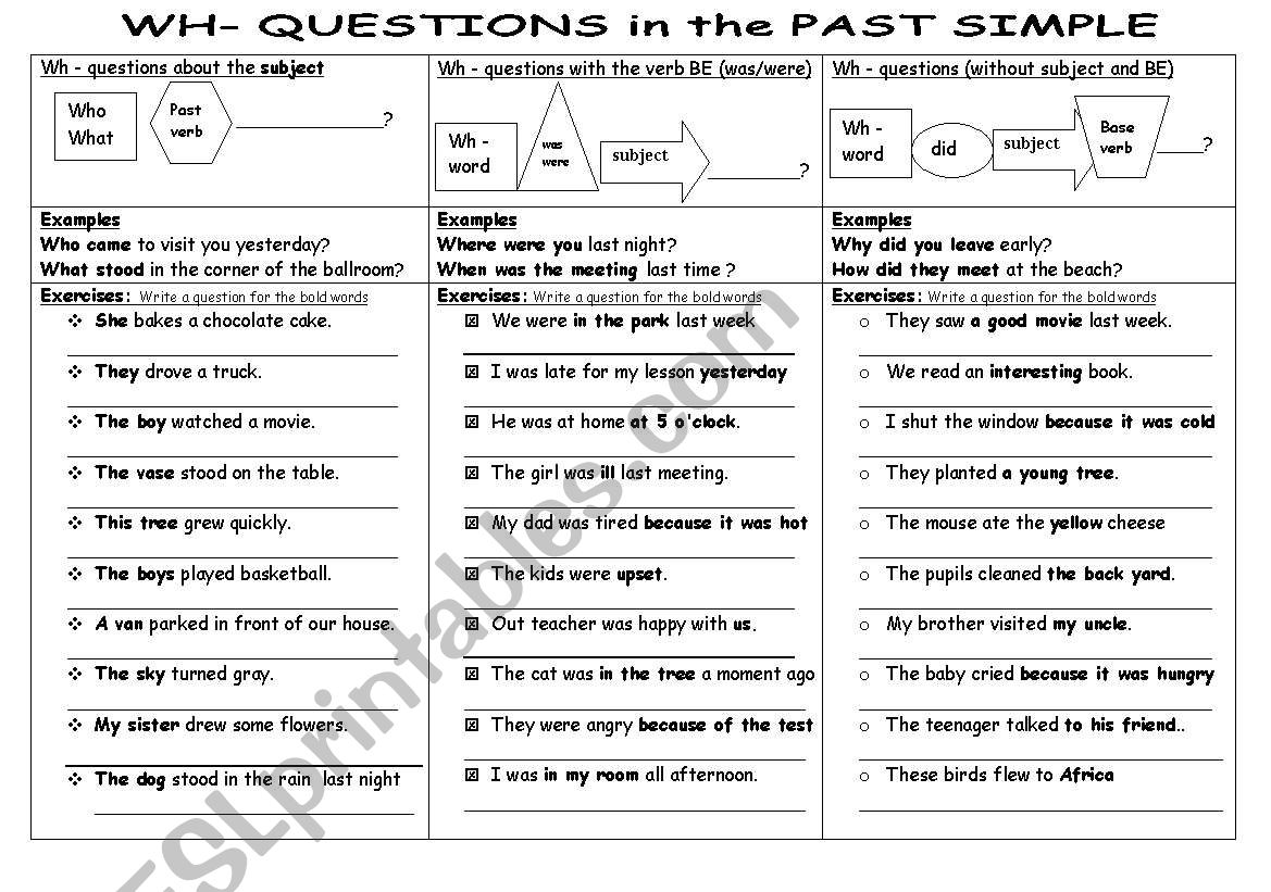 Past Simple Wh Questions Simple Past Tense Worksheet Wh Questions Images