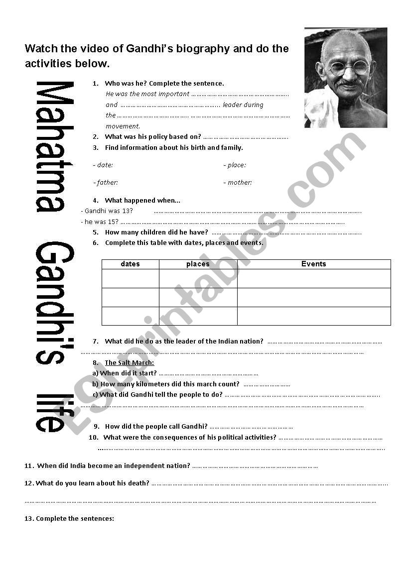 Mahatma Gandhi´s life - ESL worksheet by madamev