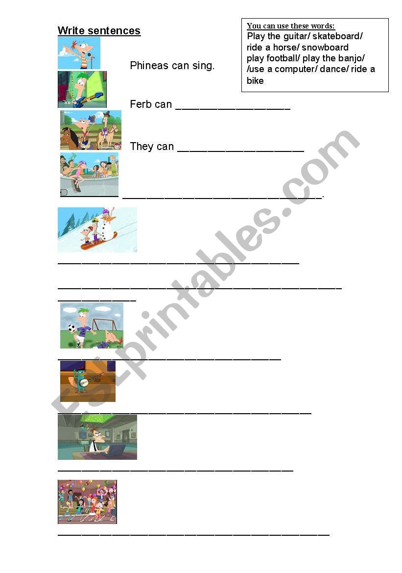 Write sentences using can worksheet