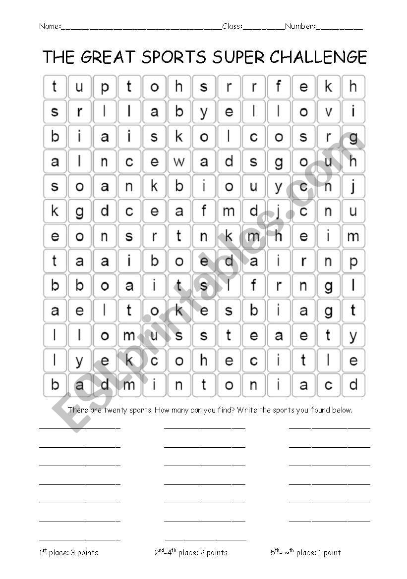 20 Sports Word Search - ESL worksheet by severance26