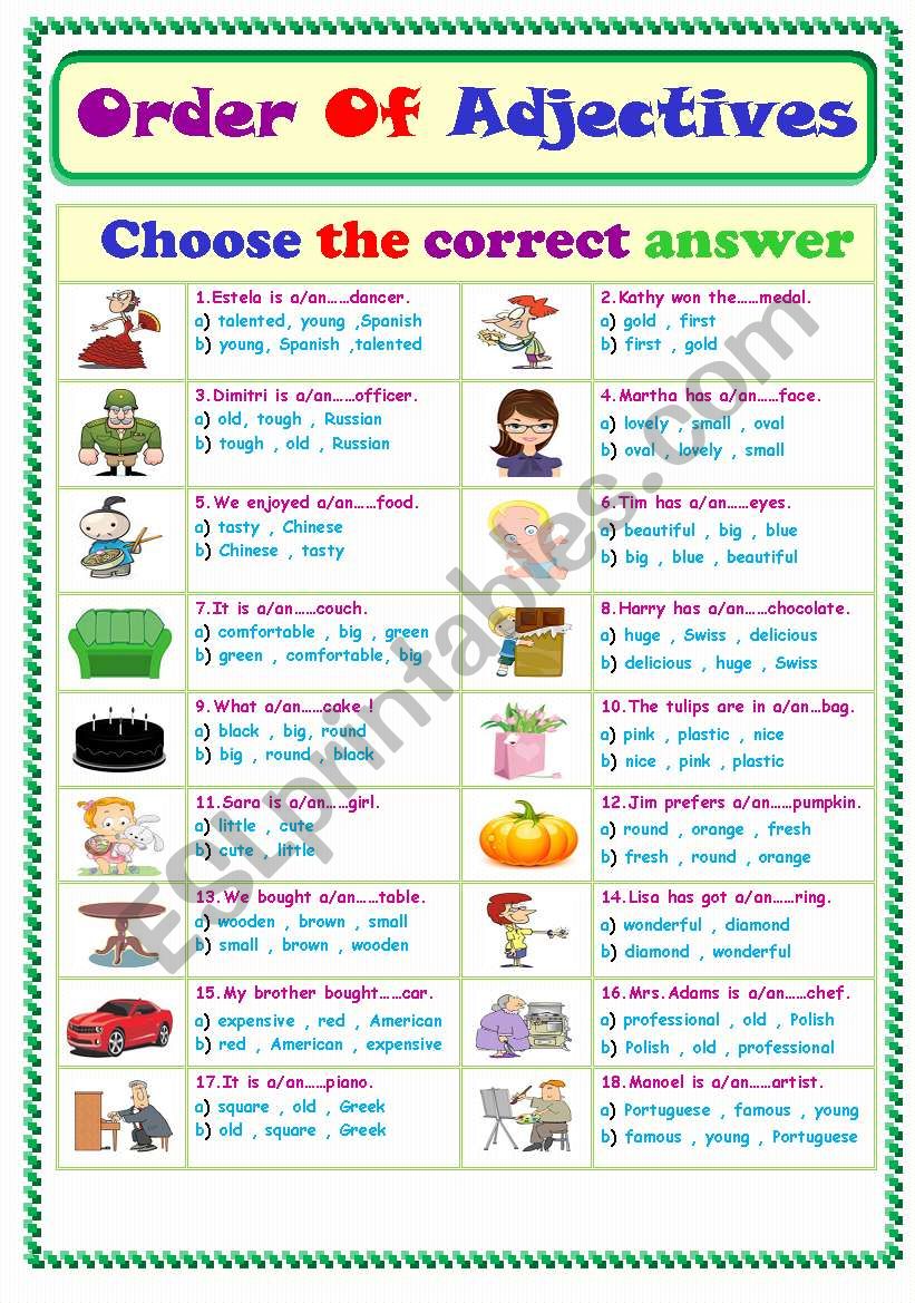 Order Of Adjectives Worksheets