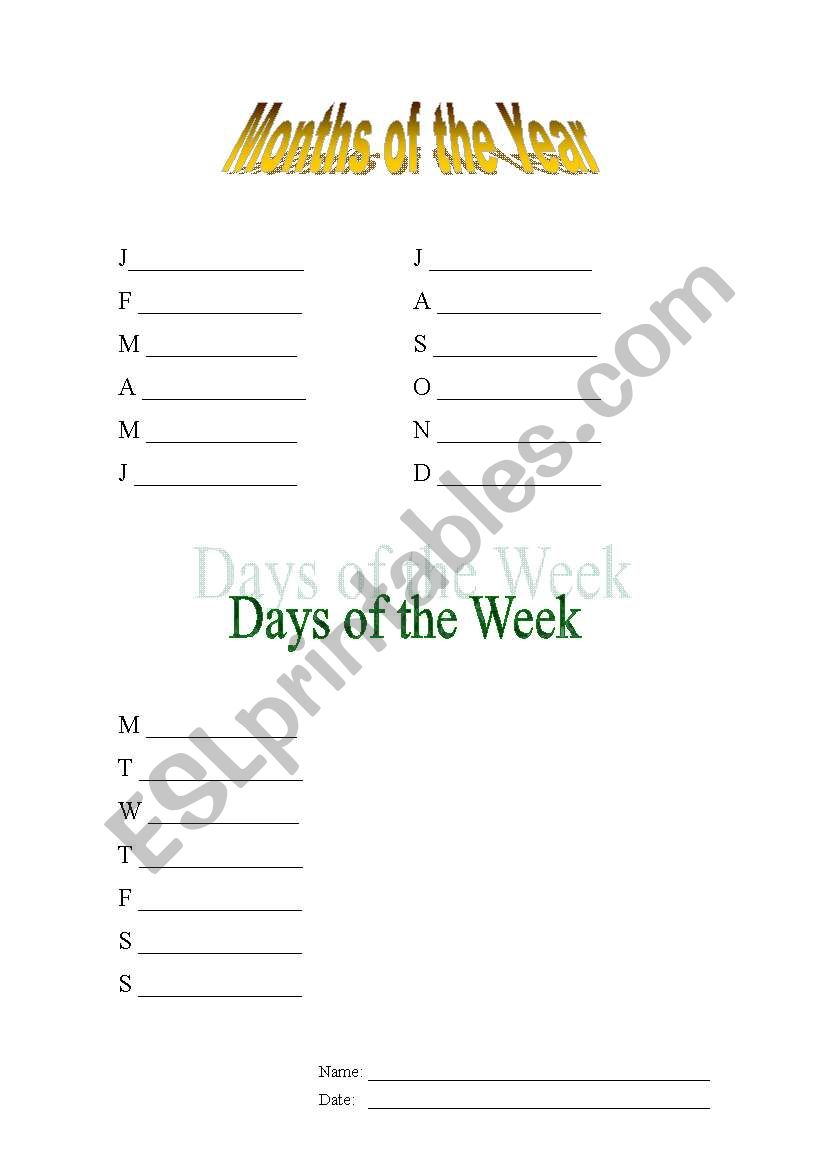 months and days of the week worksheet