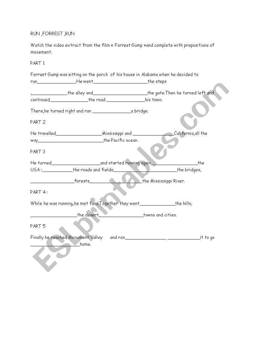 RUN FORREST RUN worksheet