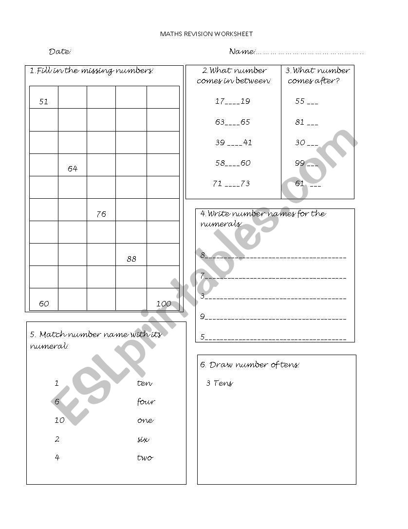 English Worksheets Numbers Revision