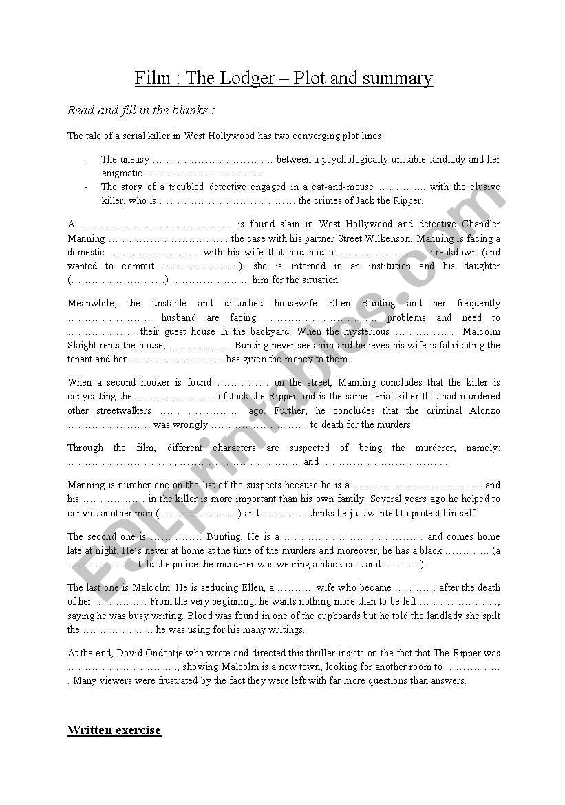 The Lodger - Summary worksheet