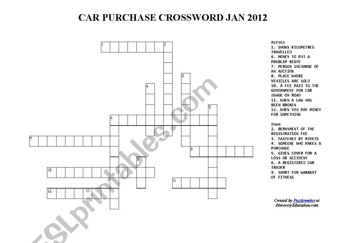 Car purchase crossword worksheet