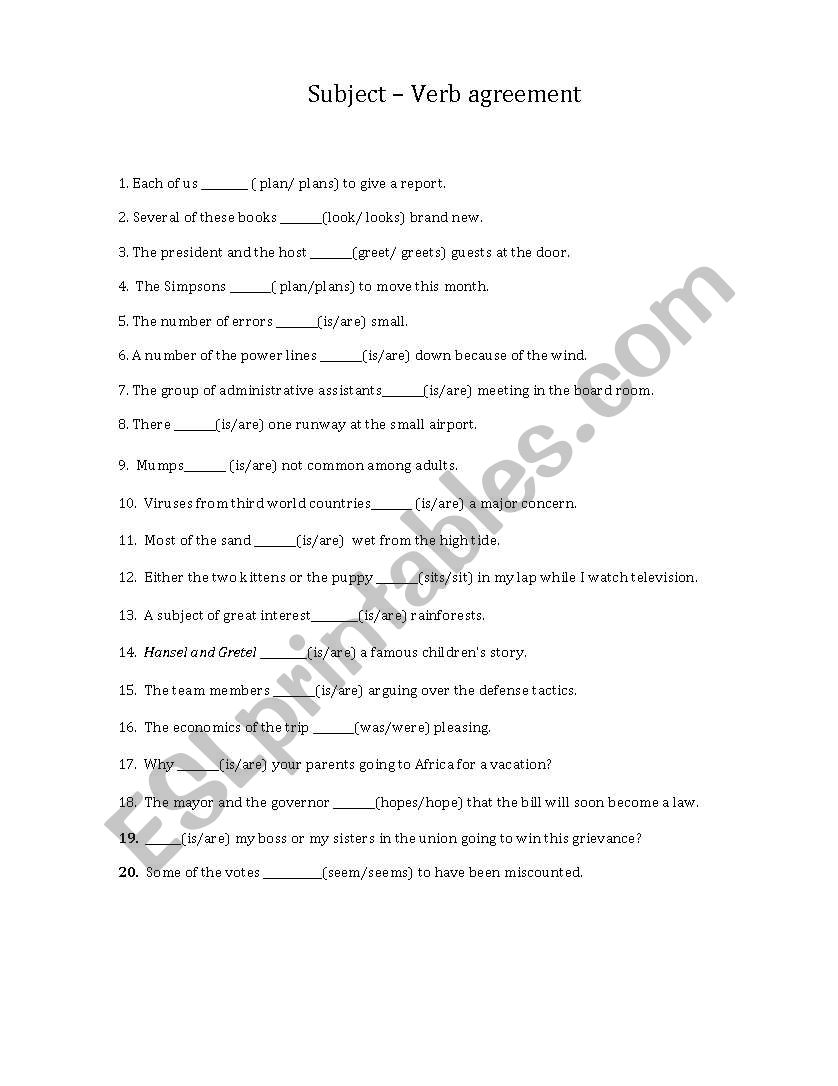 Subject Verb Agreement Exercises ESL Worksheet By Jack fruit