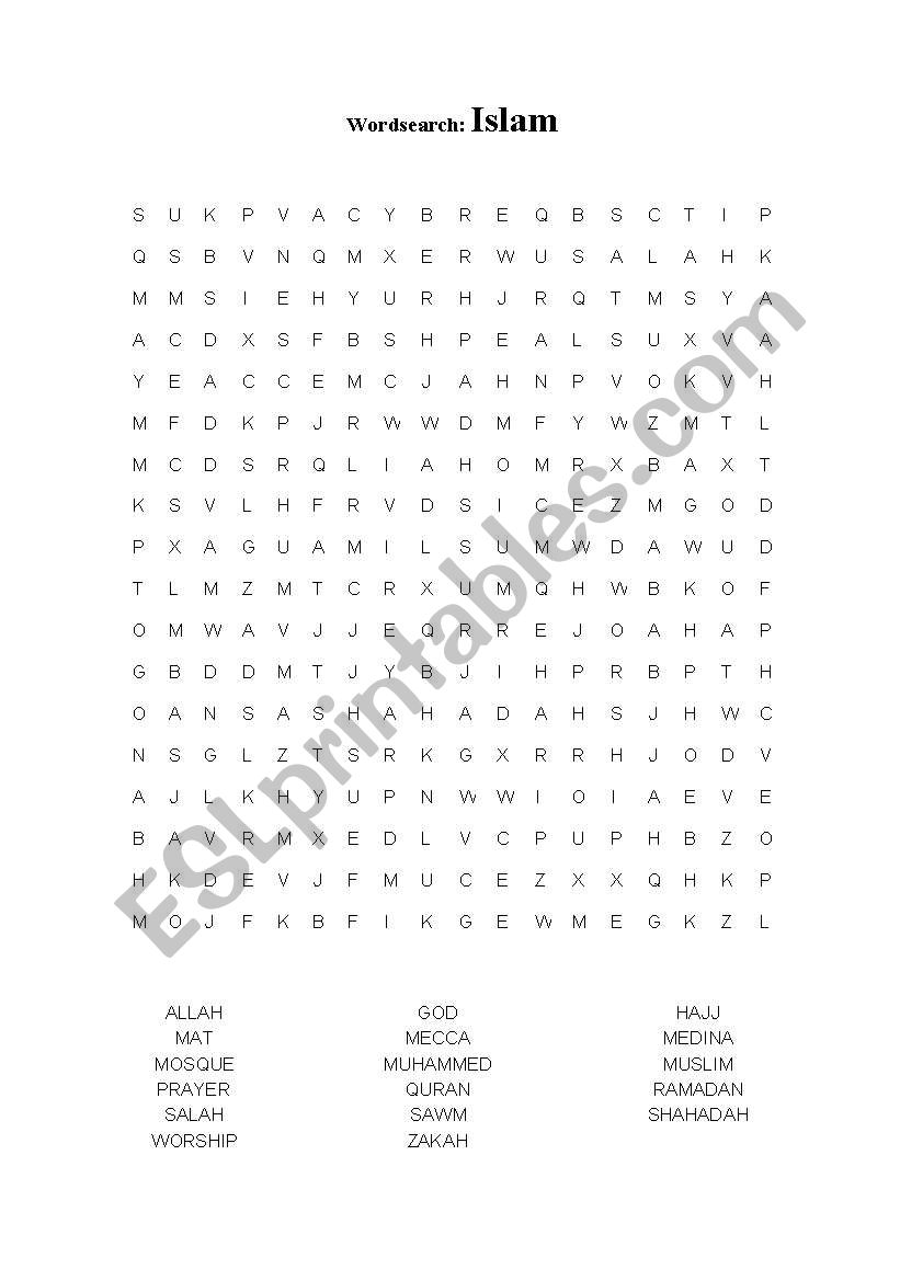 English Worksheets Islam Wordsearch