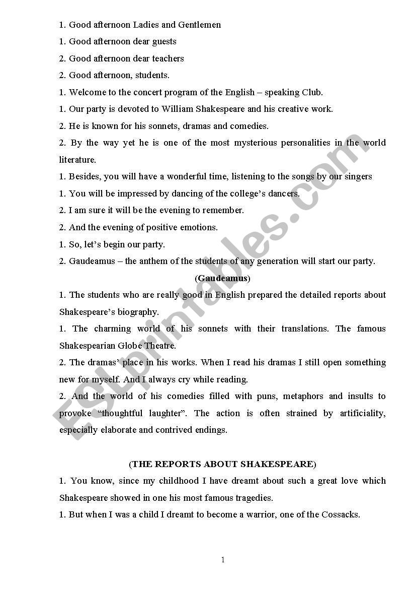 Shakespeares Party worksheet