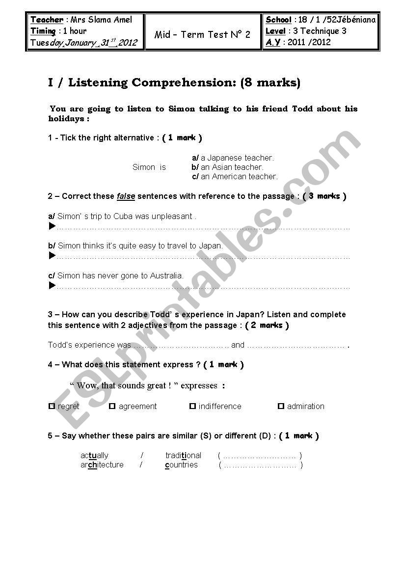 Mid term test N2 worksheet