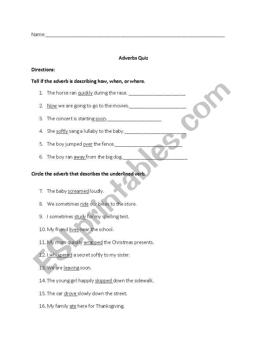 Adverbs Quiz worksheet