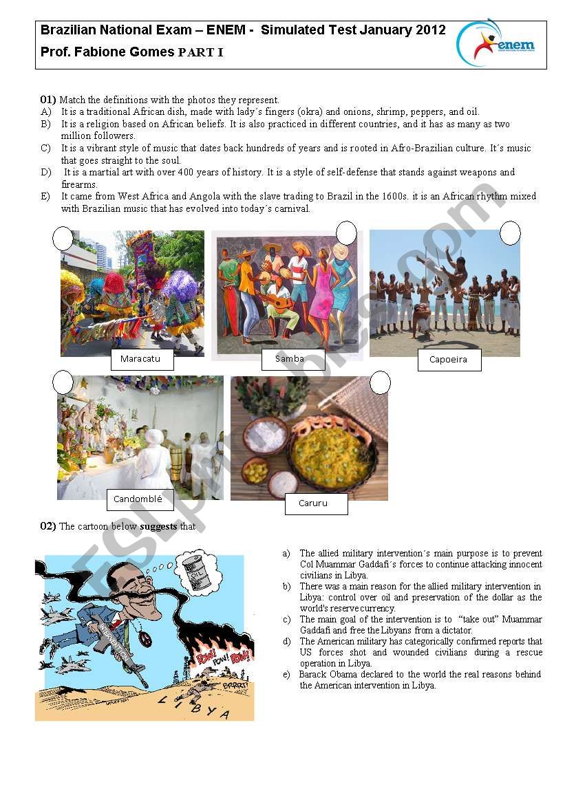 Simulated Test - Brazilian National Exam – ENEM. PART 1 - ESL worksheet ...