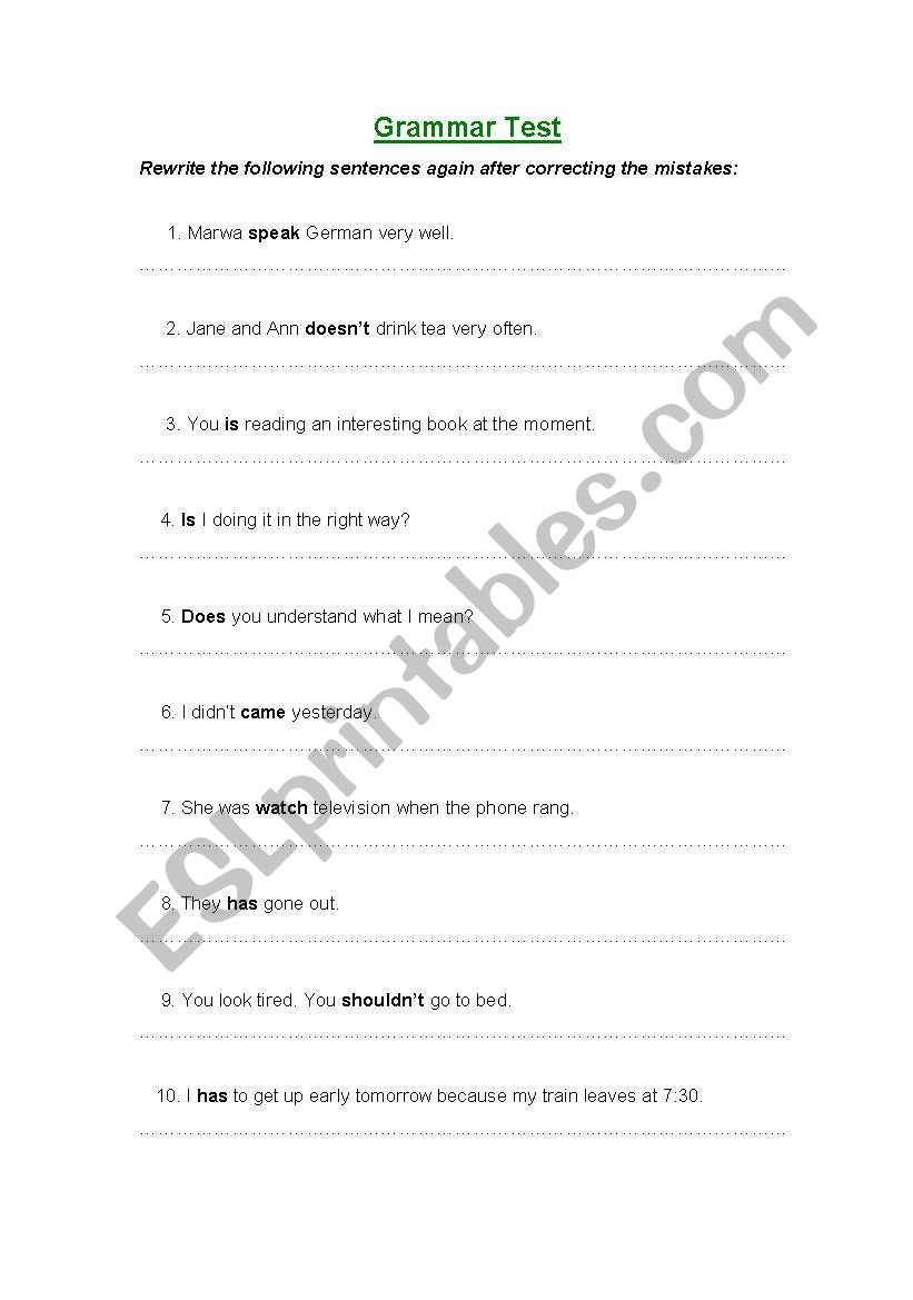 Grammar Test worksheet