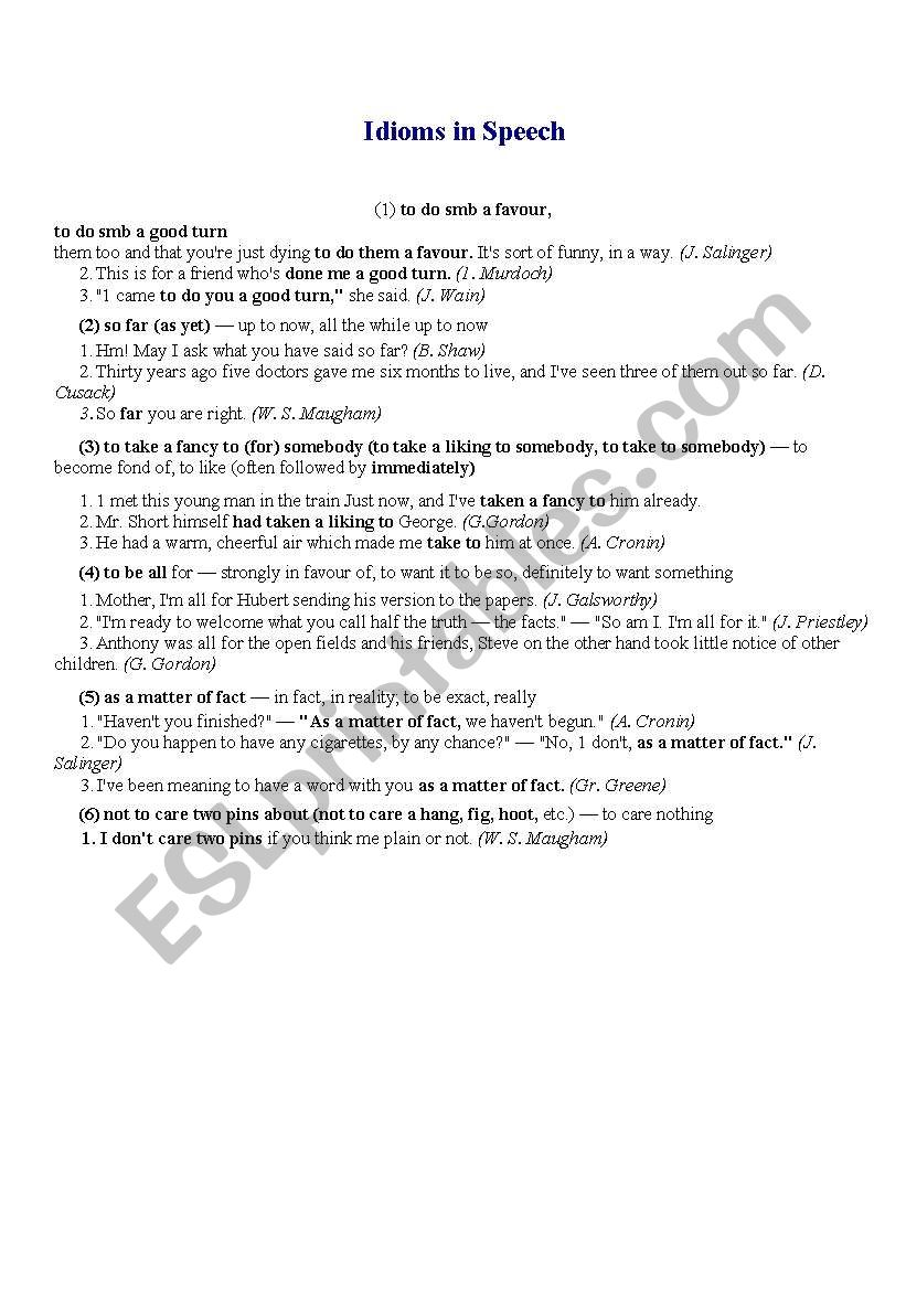 Idioms in speech worksheet